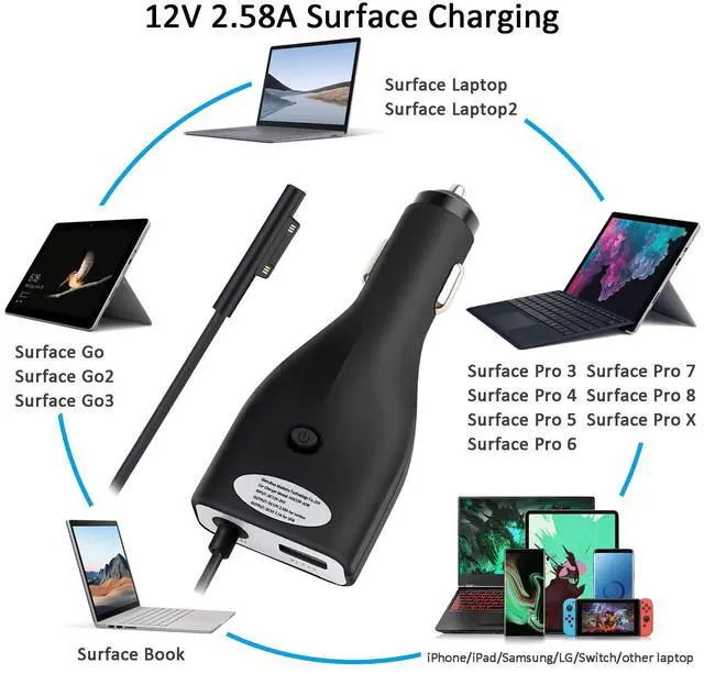 Alt view image 12 of 14 - Surface Car Charger, 42W 12V 2.58A Power Supply for Microsoft Surface Pro 3/Pro 4/Pro 5/Pro 6, Surface Book, Surface Go, Surface Laptop with 5V 2.1A USB Charging Port (5Ft Cord)