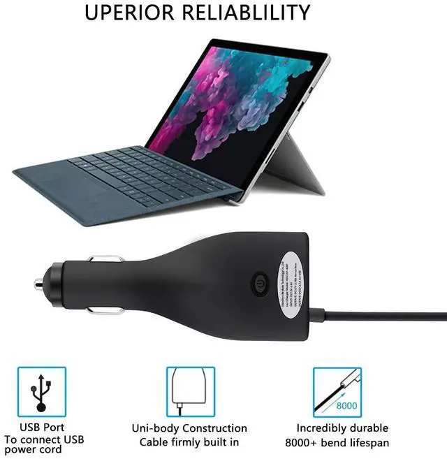 Alt view image 11 of 14 - Surface Car Charger, 42W 12V 2.58A Power Supply for Microsoft Surface Pro 3/Pro 4/Pro 5/Pro 6, Surface Book, Surface Go, Surface Laptop with 5V 2.1A USB Charging Port (5Ft Cord)