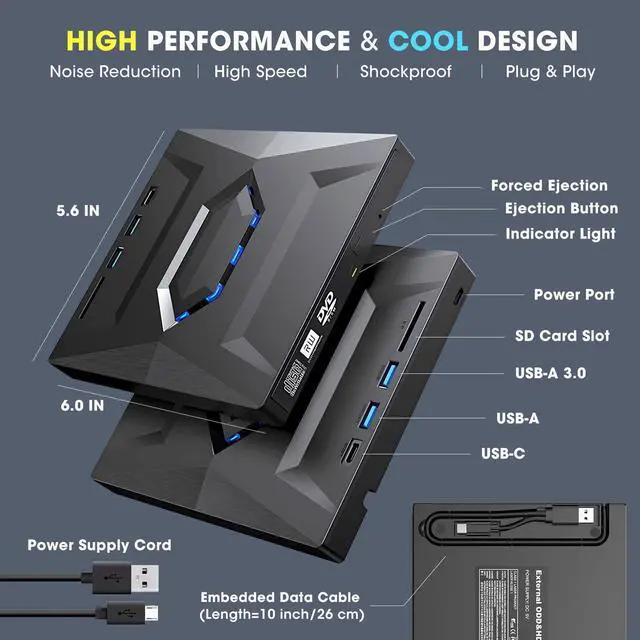 Alt view image 13 of 14 - External CD DVD Drive USB 3.0 & USB-C CD ROM Burner DVD Player with USB Hub and SD Card Reader, Portable CD DVD +/-RW Optical Disk Drive Writer for Laptop PC Windows 11/10, Mac, Linux Computer