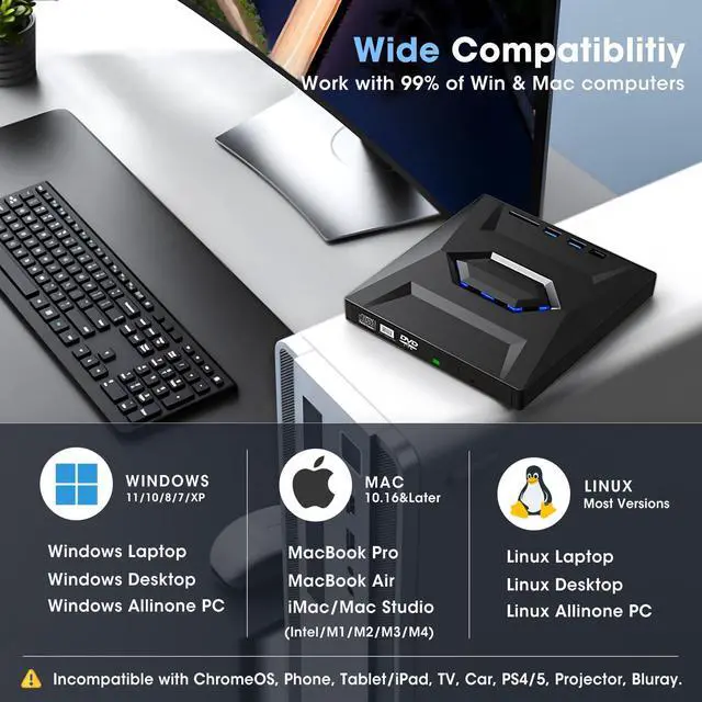 Alt view image 12 of 14 - External CD DVD Drive USB 3.0 & USB-C CD ROM Burner DVD Player with USB Hub and SD Card Reader, Portable CD DVD +/-RW Optical Disk Drive Writer for Laptop PC Windows 11/10, Mac, Linux Computer