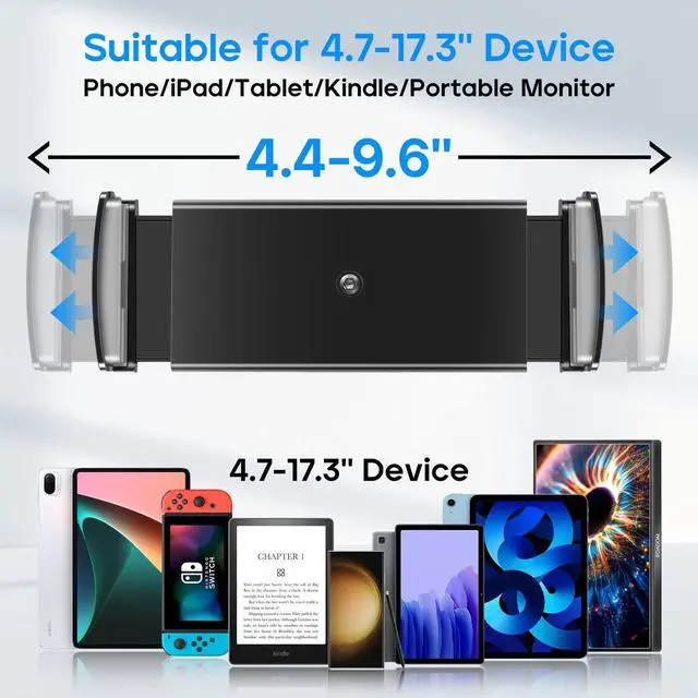 Alt view image 9 of 12 - Tablet Stand, Adjustable 360° Swivel Bracket, 180° Tiltable Clamp,Foldable Tablet Holder for 4.7-17.3'' iPhone/iPad/Tablet/Portable Monitor, Aluminum Alloy, Black