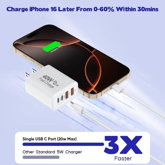 Alt view image 9 of 14 - 10FT iPhone 17 16 15 Pro Charger,2Pack 10Foot USB C to C Woven Cable Cord 40W USB C Apple Charger 4 Port PD&AC Charge Block Fast Charging for iPhone 17 Air/17 16 15 Pro Max/16e/16 Plus/15/15 Pro/iPad