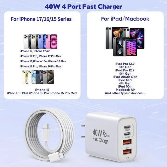 Alt view image 11 of 14 - 10FT iPhone 17 16 15 Pro Charger,2Pack 10Foot USB C to C Woven Cable Cord 40W USB C Apple Charger 4 Port PD&AC Charge Block Fast Charging for iPhone 17 Air/17 16 15 Pro Max/16e/16 Plus/15/15 Pro/iPad