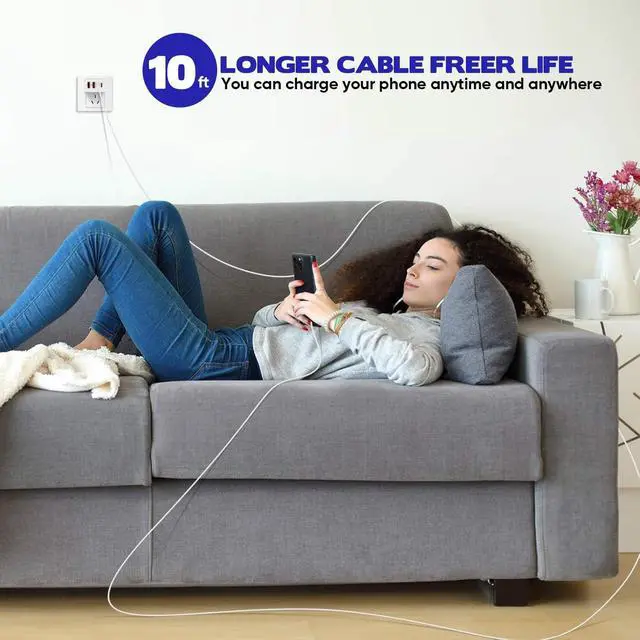 Alt view image 14 of 14 - 10FT iPhone 17 16 15 Pro Charger,2Pack 10Foot USB C to C Woven Cable Cord 40W USB C Apple Charger 4 Port PD&AC Charge Block Fast Charging for iPhone 17 Air/17 16 15 Pro Max/16e/16 Plus/15/15 Pro/iPad