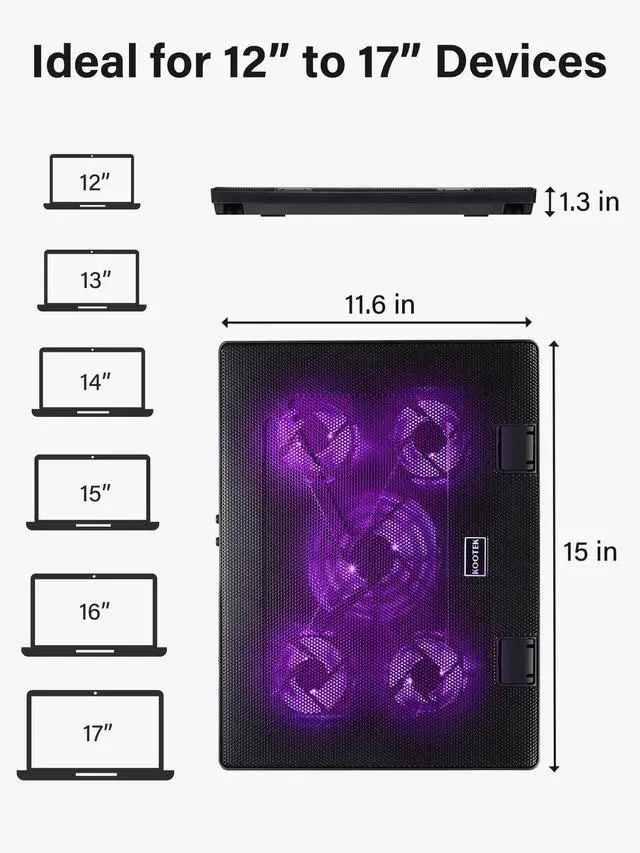 Alt view image 14 of 14 - Laptop Cooling Pad, Laptop Cooler with 5 Quiet Fans for 12"-17" Computer PC Notebook Gaming Laptop Fan, Height Adjustable Laptop Cooling Stand Laptop Accessories (Purple)