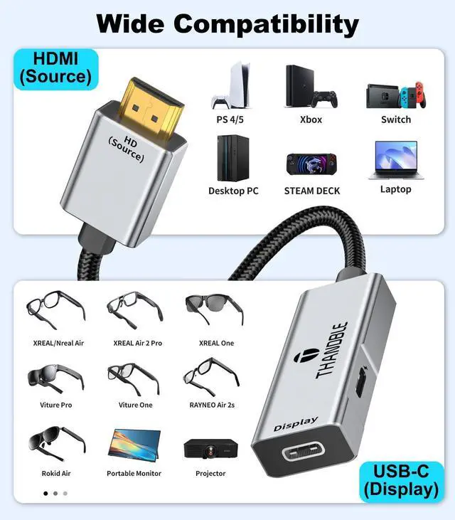 Alt view image 12 of 14 - HDMI to USB C Adapter 4K60Hz, Unidirectional HDMI Male (Source) to USB C Female (Display) for Portable Monitor, AR Glasses XREAL One/Air 2 Pro/VITURE Pro/Rokid, PS4/5, Xbox, Switch, ROG Ally