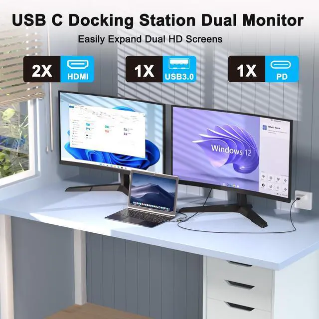 Alt view image 9 of 14 - Laptop Docking Station Dual Monitor, USB C Docking Station for Dell/HP/Lenovo/Mac, Dual HDMI Adapter for 2 Monitors, USB Type-C Hub with USB3.0/PD, USB C to Double HDMI Adapter