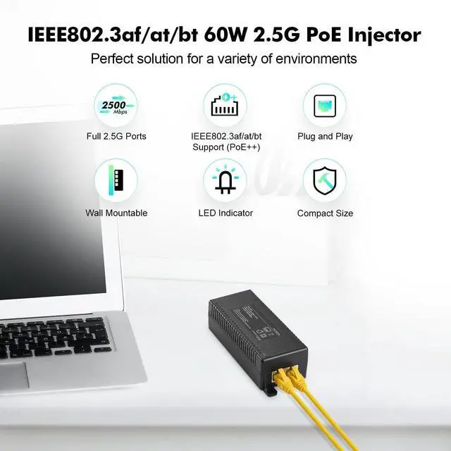 Alt view image 9 of 14 - 2.5 Gigabit PoE+ Injector 60W, PoE Adapter Compliant with 802.3af/at/bt, 100/1000/2500Mbps, Plug & Play, Distance Up to 100 Meters (328 ft.)