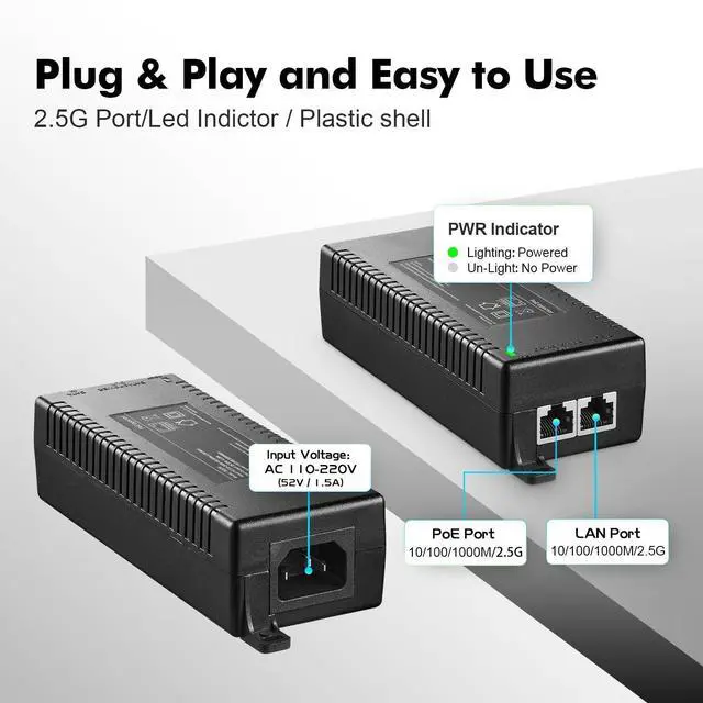 Alt view image 10 of 14 - 2.5 Gigabit PoE+ Injector 60W, PoE Adapter Compliant with 802.3af/at/bt, 100/1000/2500Mbps, Plug & Play, Distance Up to 100 Meters (328 ft.)