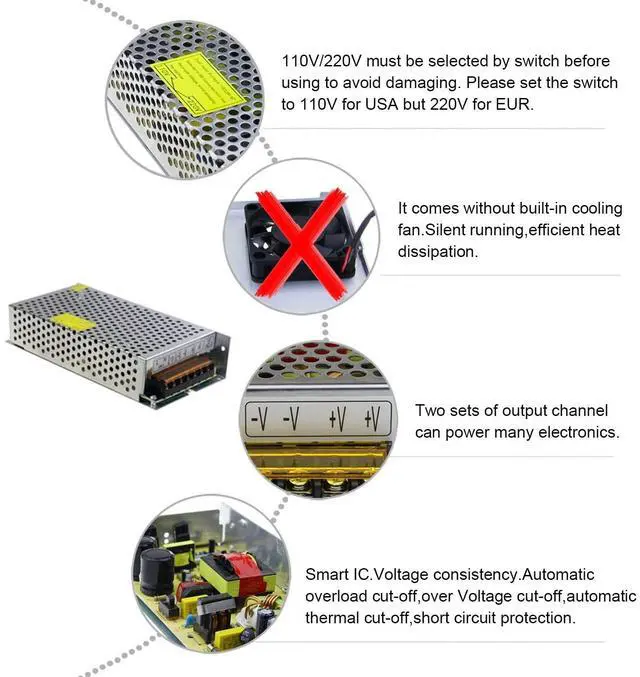 Alt view image 11 of 14 - DC 12V 10A 120W Power Supply Adapter Transformer Switch AC 110V / 220V to DC 12V 10amp Switching Converter LED Driver for LED Strip Light CCTV Camera Security System