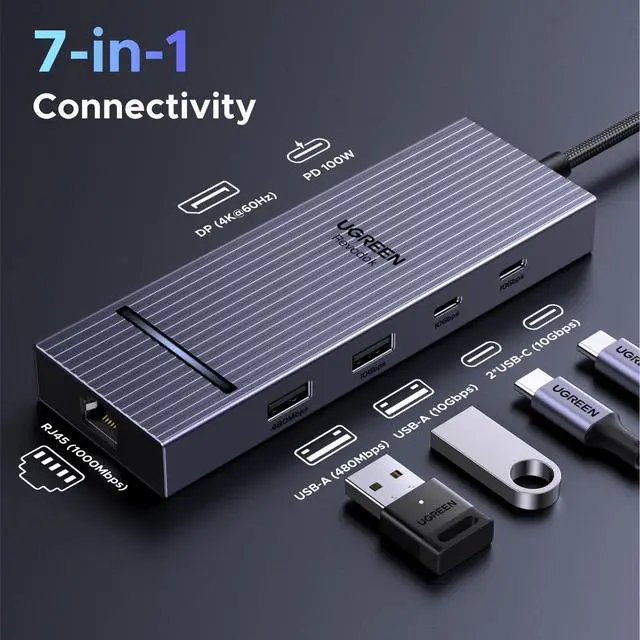 Alt view image 9 of 14 - Revodok Pro 7 in 1 USB-C Hub to DisplayPort 4K 60Hz, 100W Power Delivery 10Gbps USB-A and USB-C 3.2 for MacBook Pro/Air, iPad Pro, Thinkpad, Rog Ally and More.