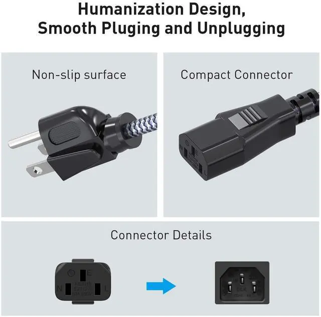 Alt view image 10 of 14 - Power Cord, 15FT/4.5M AC Power Cable 18AWG Nylon Braided 3 Prong Power Cord Replacement Power Cable UL Certified for Computer, TV, Monitor, Printer, PC, Projector & More
