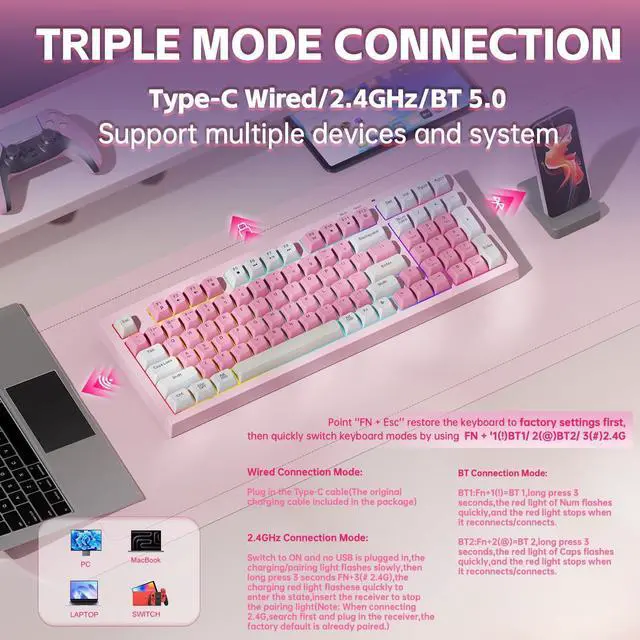 Alt view image 9 of 10 - x Aula Gaming Keyboard, Wireless Creamy Keyboard, Bluetooth Computer Keyboards Ergonomic Pink Keyboard Full Size with Number Pad Light Up RGB Backlit Tri-Mode BT/2.4GHz/USB-C - K99