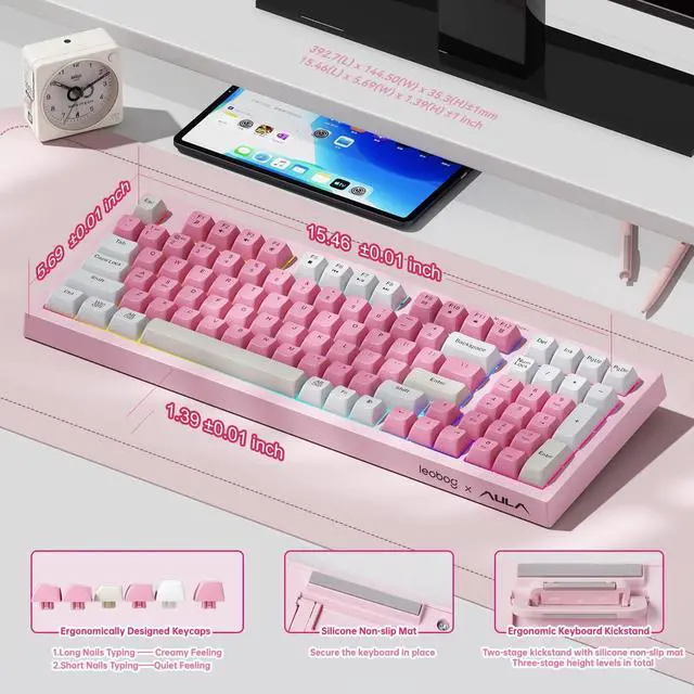 Alt view image 10 of 10 - x Aula Gaming Keyboard, Wireless Creamy Keyboard, Bluetooth Computer Keyboards Ergonomic Pink Keyboard Full Size with Number Pad Light Up RGB Backlit Tri-Mode BT/2.4GHz/USB-C - K99