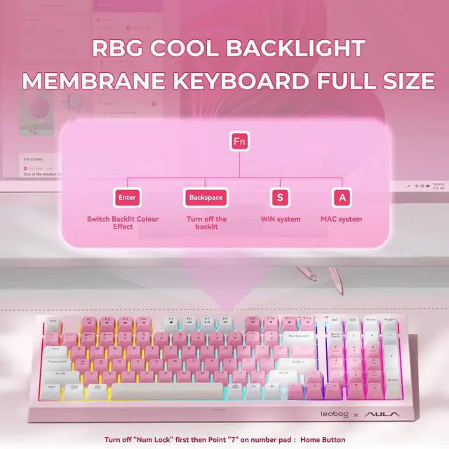 Alt view image 8 of 10 - x Aula Gaming Keyboard, Wireless Creamy Keyboard, Bluetooth Computer Keyboards Ergonomic Pink Keyboard Full Size with Number Pad Light Up RGB Backlit Tri-Mode BT/2.4GHz/USB-C - K99