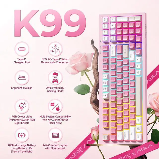 Alt view image 7 of 10 - x Aula Gaming Keyboard, Wireless Creamy Keyboard, Bluetooth Computer Keyboards Ergonomic Pink Keyboard Full Size with Number Pad Light Up RGB Backlit Tri-Mode BT/2.4GHz/USB-C - K99