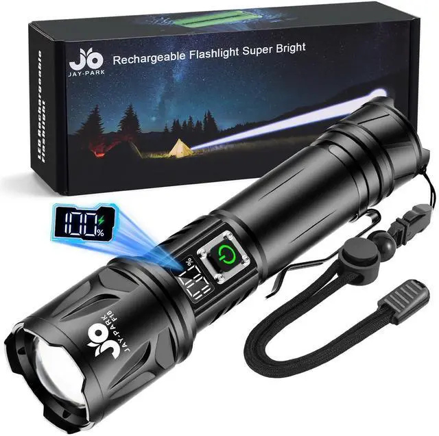 Alt view image 8 of 14 - High Lumen Flashlight - 100000 Lumens, Rechargeable 5000mAh with LCD Display, Zoomable Long Beam (3000m), IP67 Waterproof, 5 Modes & Belt Clip - for Camping, Dog Walking