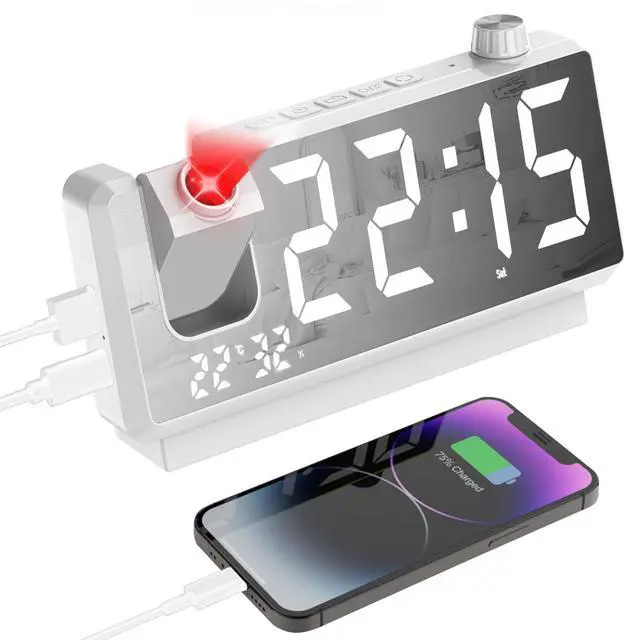 Alt view image 8 of 14 - Projection Alarm Clock for Bedroom, Digital Clock with 180° Projector, 7" Large LED Display, Dual Alarms, Temperature&Humidity Display, Dual USB Port, 12/24H, Snooze, for Heavy Sleepers, White