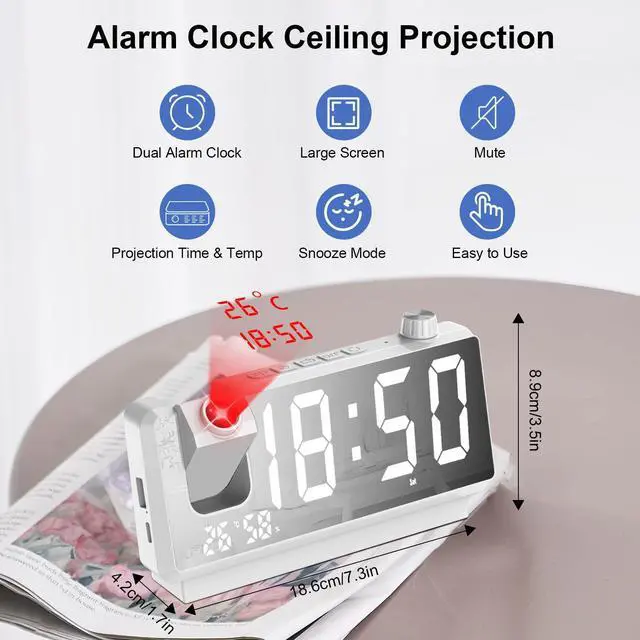 Alt view image 9 of 14 - Projection Alarm Clock for Bedroom, Digital Clock with 180° Projector, 7" Large LED Display, Dual Alarms, Temperature&Humidity Display, Dual USB Port, 12/24H, Snooze, for Heavy Sleepers, White