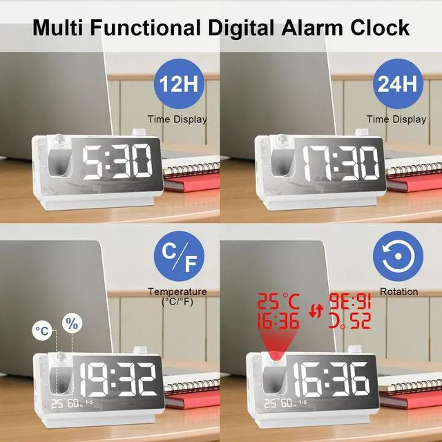 Alt view image 10 of 14 - Projection Alarm Clock for Bedroom, Digital Clock with 180° Projector, 7" Large LED Display, Dual Alarms, Temperature&Humidity Display, Dual USB Port, 12/24H, Snooze, for Heavy Sleepers, White