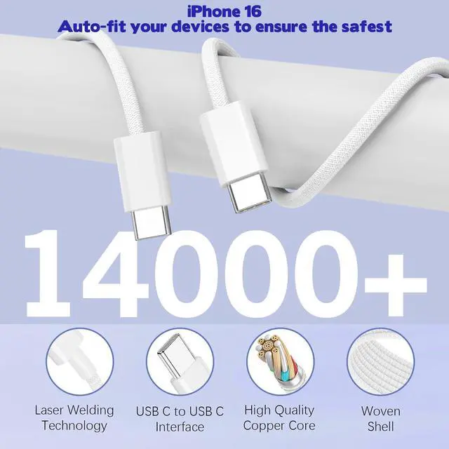 Alt view image 13 of 14 - 10FT iPhone 17 16 15 Pro Charger,2Pack 10Foot USB C to C Woven Cable Cord 40W USB C Apple Charger 4 Port PD&AC Charge Block Fast Charging for iPhone 17 Air/17 16 15 Pro Max/16e/16 Plus/15/15 Pro/iPad