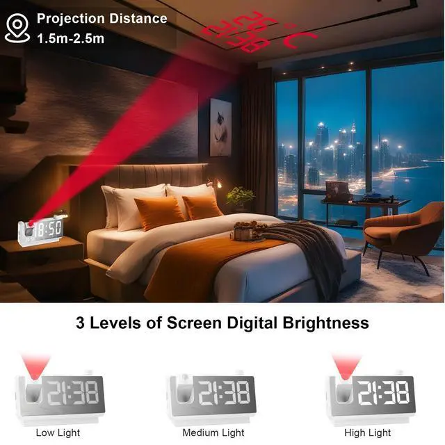 Alt view image 12 of 14 - Projection Alarm Clock for Bedroom, Digital Clock with 180° Projector, 7" Large LED Display, Dual Alarms, Temperature&Humidity Display, Dual USB Port, 12/24H, Snooze, for Heavy Sleepers, White