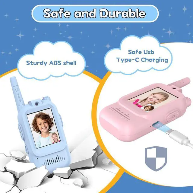 Alt view image 11 of 14 - Walkie Talkies for Kids Pack of 2, Rechargeable Long Range Two Way Radios Toys for Boys Girls Age 3-5, Outdoor Adventure Camping Hiking, Birthday with Pink Blue Design