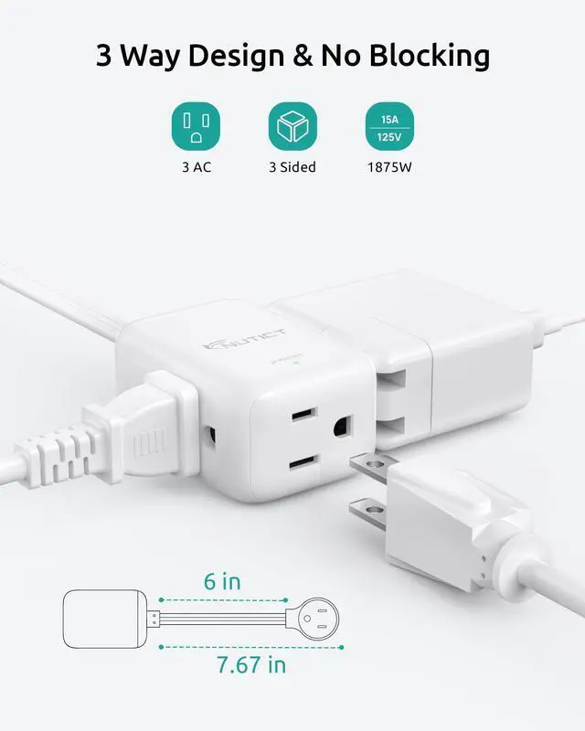 Alt view image 10 of 14 - Short Extension Cord 6 Inch, 3 Outlet Extender with 900J Surge Protector, 15A/1875W, ETL Listed, 3 Prong Grounded Plug Outlet Splitter for Travel Kitchen Bathroom Office Tight Spaces, White