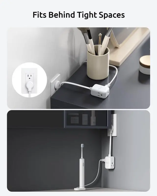 Alt view image 14 of 14 - Short Extension Cord 6 Inch, 3 Outlet Extender with 900J Surge Protector, 15A/1875W, ETL Listed, 3 Prong Grounded Plug Outlet Splitter for Travel Kitchen Bathroom Office Tight Spaces, White