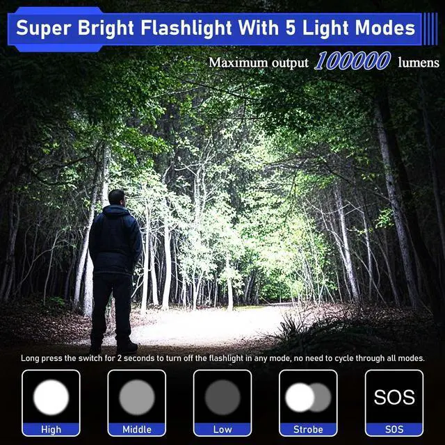 Alt view image 9 of 14 - High Lumen Flashlight - 100000 Lumens, Rechargeable 5000mAh with LCD Display, Zoomable Long Beam (3000m), IP67 Waterproof, 5 Modes & Belt Clip - for Camping, Dog Walking
