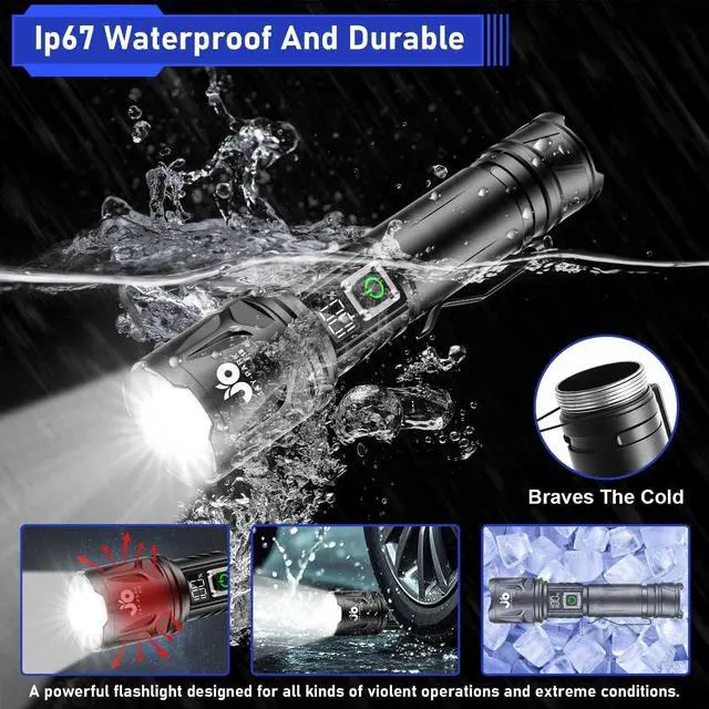 Alt view image 13 of 14 - High Lumen Flashlight - 100000 Lumens, Rechargeable 5000mAh with LCD Display, Zoomable Long Beam (3000m), IP67 Waterproof, 5 Modes & Belt Clip - for Camping, Dog Walking