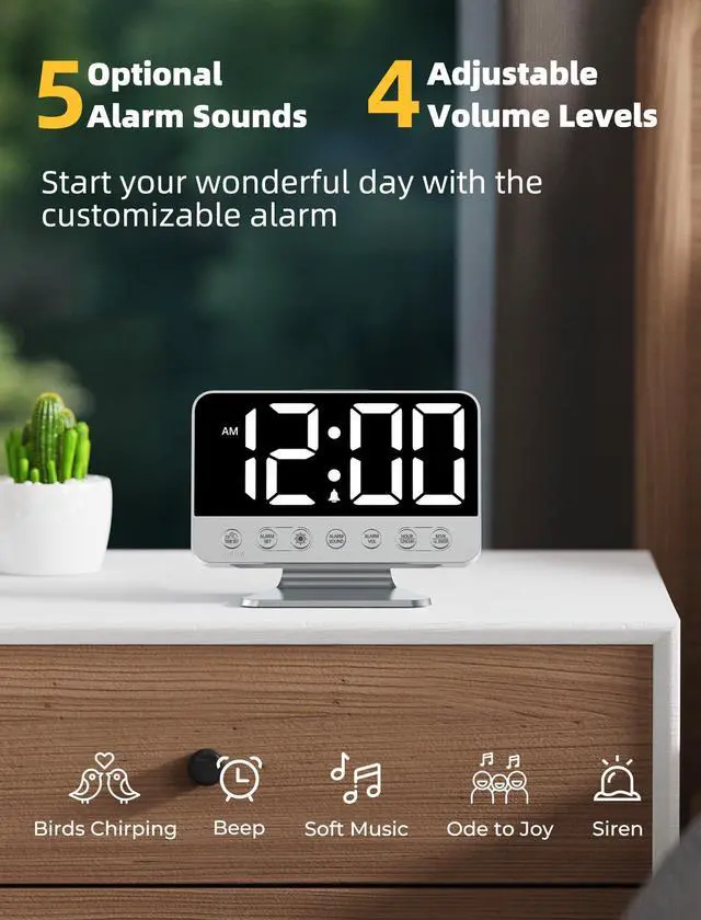 Alt view image 10 of 14 - Digital Alarm Clocks for Bedrooms: Large Bold Number 5 Brightness Dimmer - Easy to Read Across The Room - 5 Alarm Sound 8 Night Light - Silver