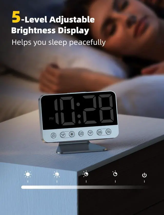 Alt view image 11 of 14 - Digital Alarm Clocks for Bedrooms: Large Bold Number 5 Brightness Dimmer - Easy to Read Across The Room - 5 Alarm Sound 8 Night Light - Silver