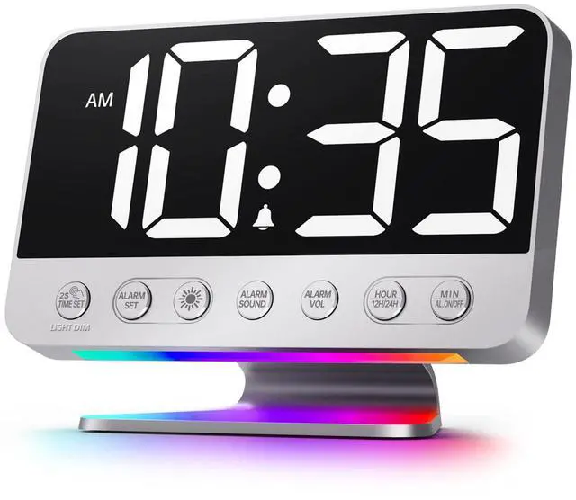 Alt view image 8 of 14 - Digital Alarm Clocks for Bedrooms: Large Bold Number 5 Brightness Dimmer - Easy to Read Across The Room - 5 Alarm Sound 8 Night Light - Silver
