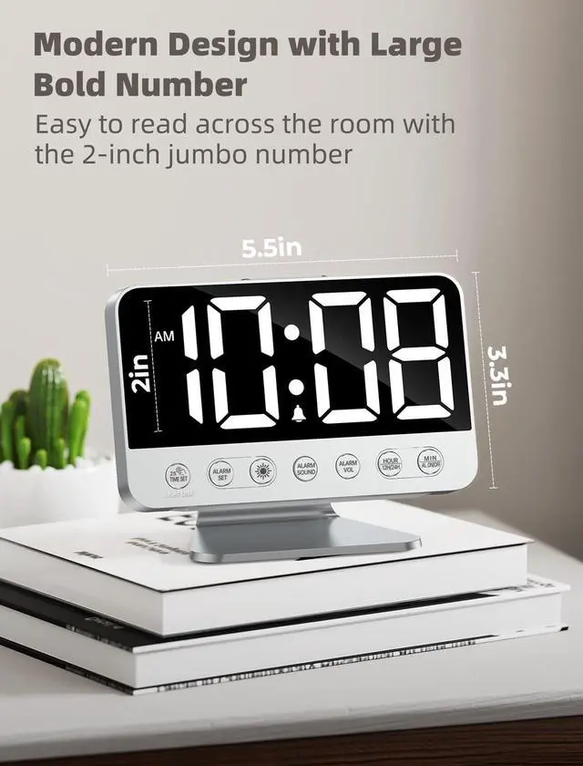 Alt view image 9 of 14 - Digital Alarm Clocks for Bedrooms: Large Bold Number 5 Brightness Dimmer - Easy to Read Across The Room - 5 Alarm Sound 8 Night Light - Silver