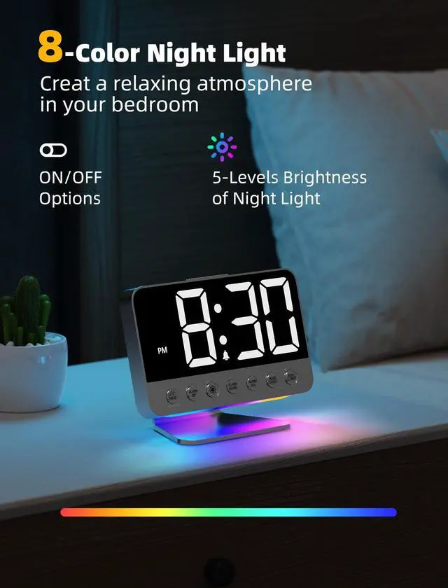 Alt view image 12 of 14 - Digital Alarm Clocks for Bedrooms: Large Bold Number 5 Brightness Dimmer - Easy to Read Across The Room - 5 Alarm Sound 8 Night Light - Silver