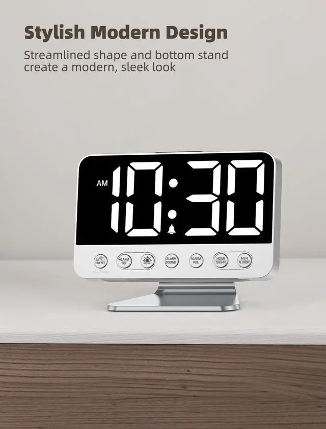 Alt view image 14 of 14 - Digital Alarm Clocks for Bedrooms: Large Bold Number 5 Brightness Dimmer - Easy to Read Across The Room - 5 Alarm Sound 8 Night Light - Silver