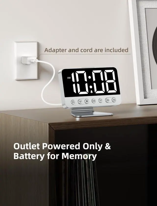 Alt view image 13 of 14 - Digital Alarm Clocks for Bedrooms: Large Bold Number 5 Brightness Dimmer - Easy to Read Across The Room - 5 Alarm Sound 8 Night Light - Silver