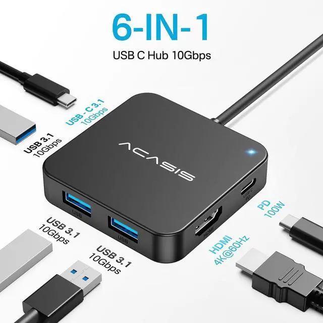 Alt view image 8 of 12 - USB C Hub 10Gbps, 6-in-1 Multiport Adapter with 4K 60Hz HDMI, 100W Power Delivery, USB A3.2 Data Port, USB C to HDMI Adapter for MacBook, Dell, Lenovo, Surface, iPad PRO, XPS(Black)