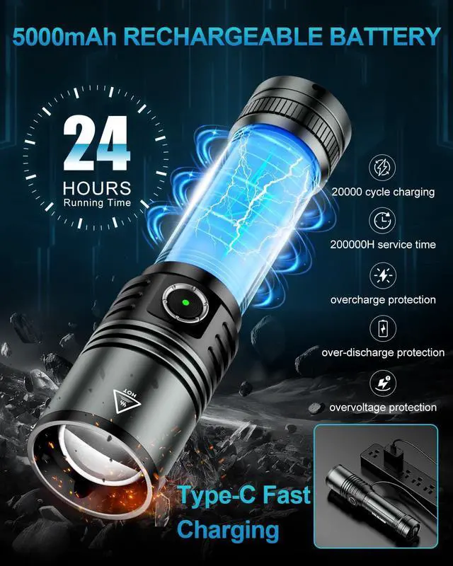 Alt view image 14 of 14 - Flashlight Rechargeable with Ignition Lens, Lightweight 1500LM Super Bright Flash Light, 5 Modes Zoomable Type-C High Powered Handheld Tactical Flashlights for Emergency Camping Essentials