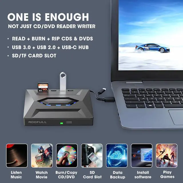 Alt view image 9 of 14 - External CD DVD Drive USB 3.0 & USB-C CD ROM Burner DVD Player with USB Hub and SD Card Reader, Portable CD DVD +/-RW Optical Disk Drive Writer for Laptop PC Windows 11/10, Mac, Linux Computer