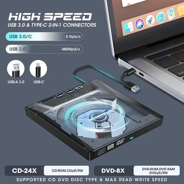 Alt view image 10 of 14 - External CD DVD Drive USB 3.0 & USB-C CD ROM Burner DVD Player with USB Hub and SD Card Reader, Portable CD DVD +/-RW Optical Disk Drive Writer for Laptop PC Windows 11/10, Mac, Linux Computer