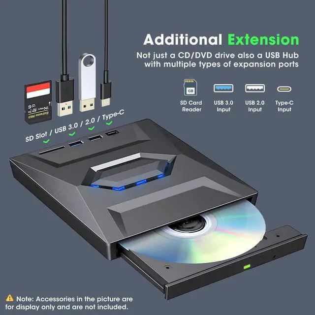 Alt view image 11 of 14 - External CD DVD Drive USB 3.0 & USB-C CD ROM Burner DVD Player with USB Hub and SD Card Reader, Portable CD DVD +/-RW Optical Disk Drive Writer for Laptop PC Windows 11/10, Mac, Linux Computer