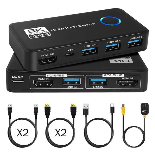 Alt view image 14 of 14 - USB 3.0 KVM Switch 1 Monitor 2 Computers - 4K@120Hz 8K@60Hz HDMI 2.1 KVM Switches with 3 Ports for Sharing Monitor Keyboard Mouse Hard Drives and Printer Includes 2 HDMI & USB Cables and Controller