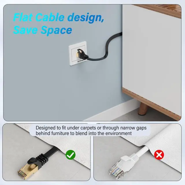 Alt view image 9 of 12 - Cat 7 Flat Outdoor Ethernet Cable 150 Ft-Black, High-Speed Shielded Internet Network Cable, S/FTP, POE, 10Gbps 600MHZ Thin Cat 6E 6A Patch LAN Cord, LLDPE, direct Burial for fast gaming +Clips