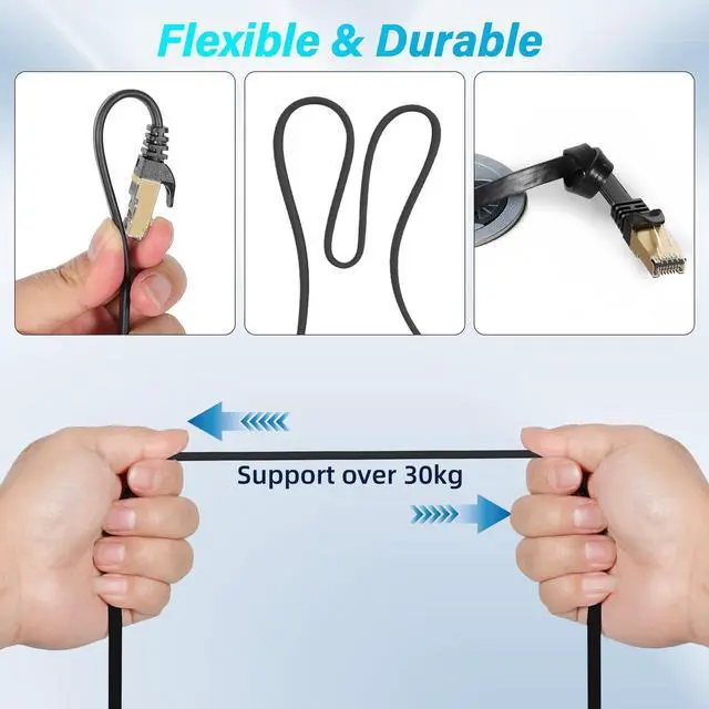 Alt view image 11 of 12 - Cat 7 Flat Outdoor Ethernet Cable 150 Ft-Black, High-Speed Shielded Internet Network Cable, S/FTP, POE, 10Gbps 600MHZ Thin Cat 6E 6A Patch LAN Cord, LLDPE, direct Burial for fast gaming +Clips
