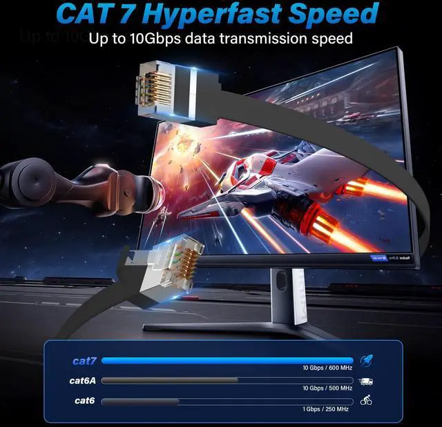 Alt view image 12 of 12 - Cat 7 Flat Outdoor Ethernet Cable 150 Ft-Black, High-Speed Shielded Internet Network Cable, S/FTP, POE, 10Gbps 600MHZ Thin Cat 6E 6A Patch LAN Cord, LLDPE, direct Burial for fast gaming +Clips