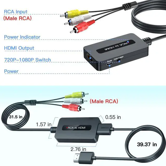 Alt view image 13 of 14 - Male RCA to HDMI Cable Converter, CVBS Composite AV to HDMI Converter, Full HD 720P/ 1080P Output Switch for DVD, STB, R-o-k-u with Female RCA Output