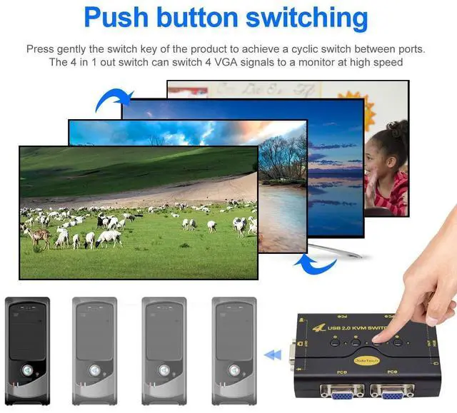 Alt view image 13 of 14 - 4 Port VGA KVM Switch with USB Hub and Audio Support Wireless Keyboard Mouse Connection and Push Button Switching Function