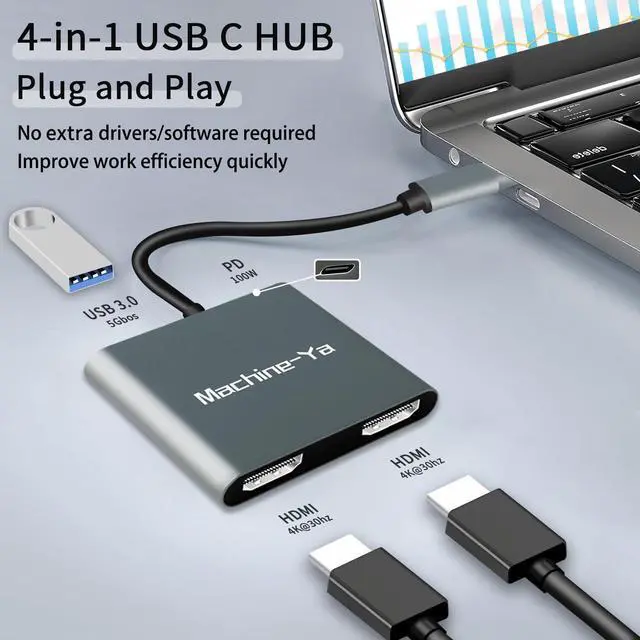 Alt view image 12 of 14 - USB C to Dual HDMI Adapter 4K@60hz,USB C Dual Monitor Adapter with USB 3.0, 100W PD, Type C to Dual HDMI Splitter Extend Display for Chromebook, MacBook, Laptop, HP...